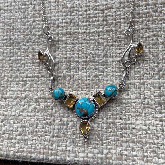 Sterling Silver Necklace with Turquoise and yellow Quartz - Picture 2 of 5